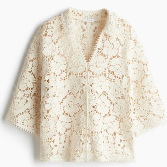 H&M CROCHET-LOOK TOP BLOUSE SHIRT TUNIC BOHO LACE CREAM - Picture 1 of 5
